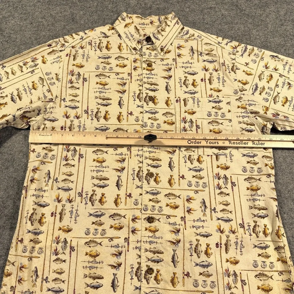 VTG Woolrich Shirt Mens Medium Beige Freshwater Fishing‎ Short Sleeve Print